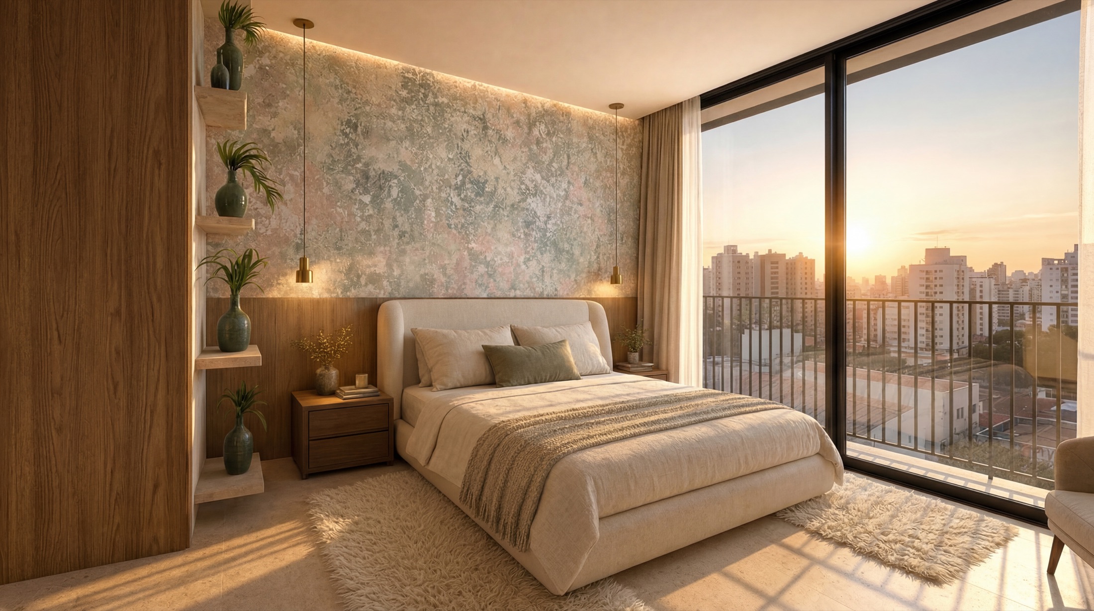 Mural autoral em parede de quarto à luz do entardecer